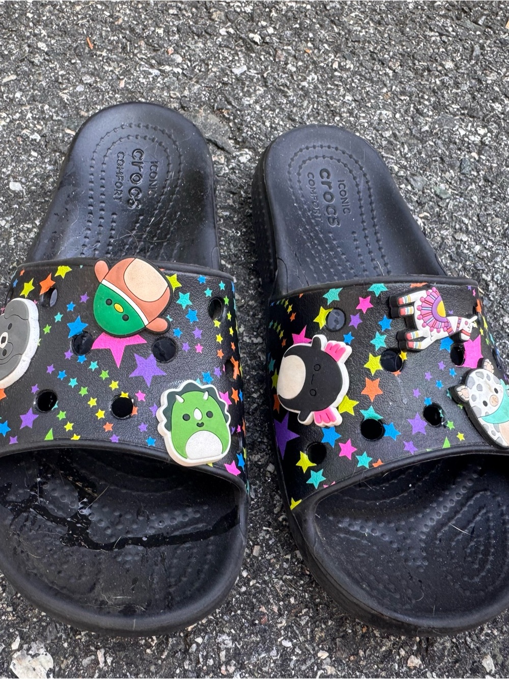 CROCS Kids' Black Slide Sandals with Rainbow Star Print & Squishmallow Jibbitz